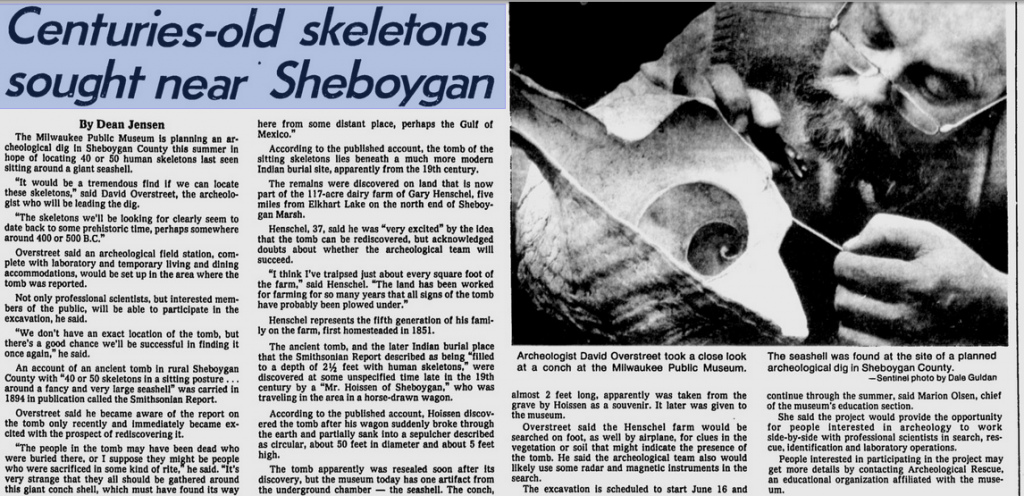 40-50 human skeletons sitting around a giant shell