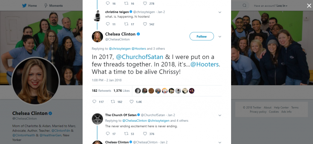 Chelsea Clinton Tweets to the Church of Satan