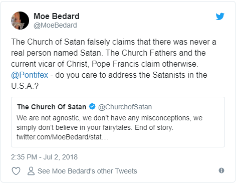 Satan – Moe tweet to Church of Satan