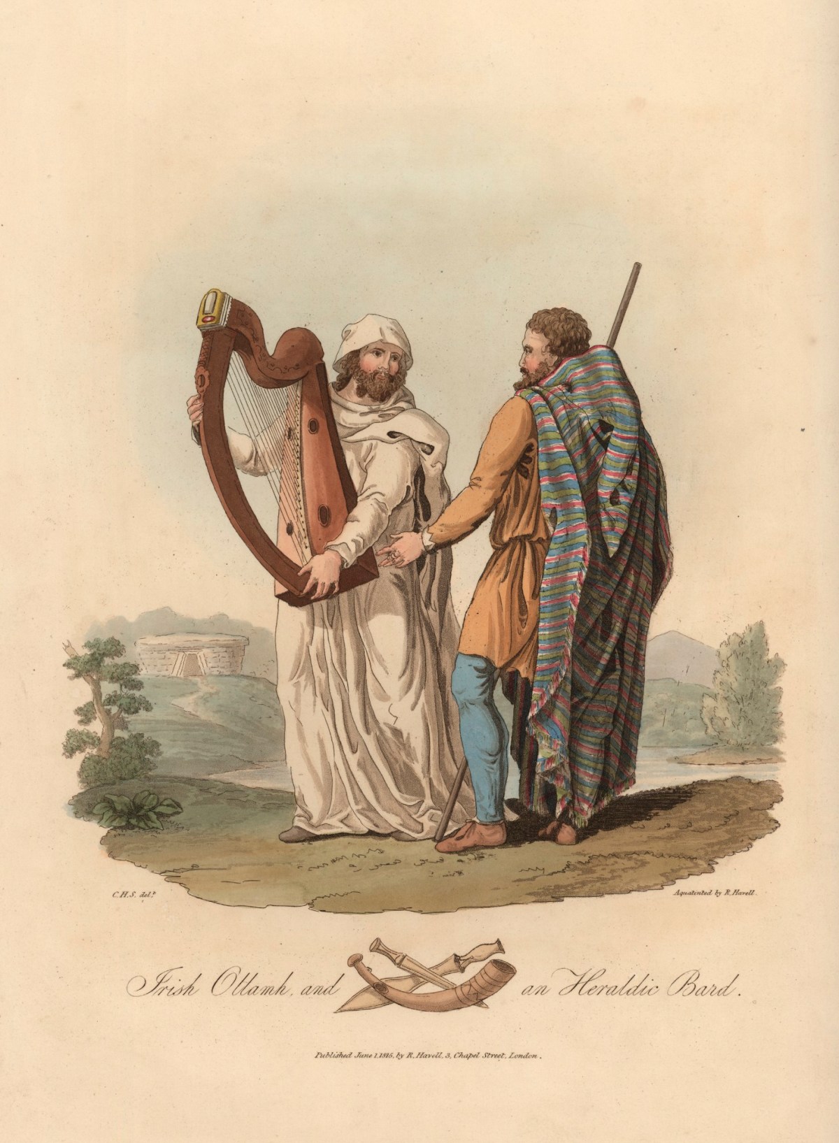 Havell, Robert; Smith, Charles Hamilton; C.H. Smith & S.R. Meyrick, <I>The costume of the original inhabitants of the British Islands,</I> London 1815, pl.[IX]; Irish Ollamh and an Heraldic Bard