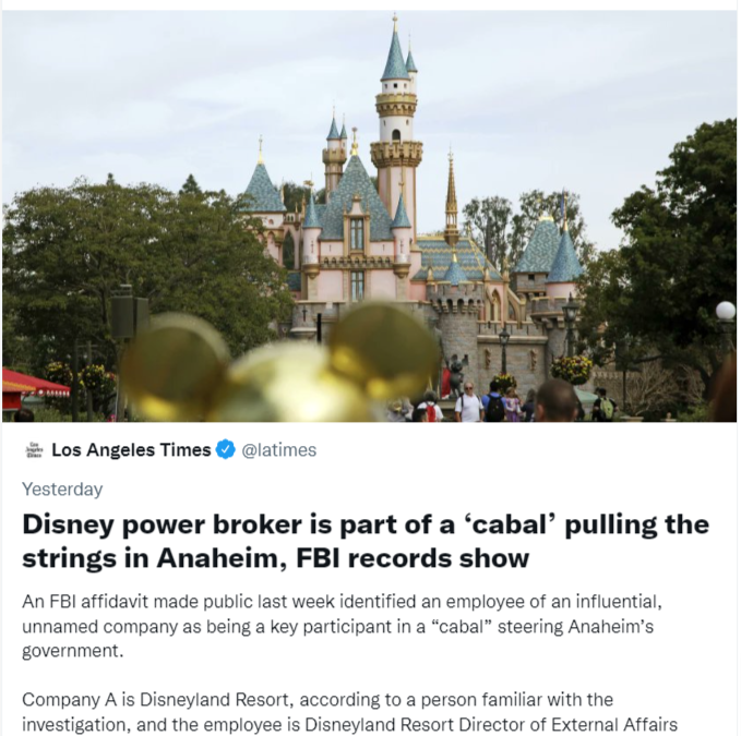 FBI Says Disney Employee is Part of ‘Cabal’ That Controls the Anaheim Government